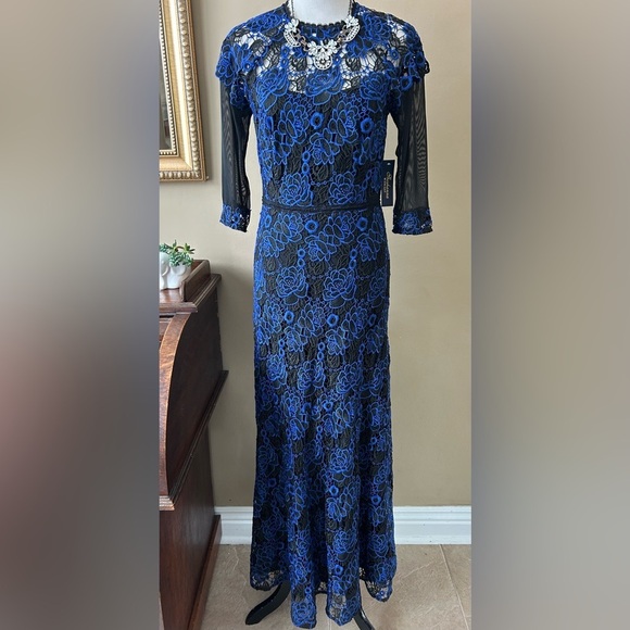 Shoshanna Midnight Raven Black Blue Floral Lace Dress Evening Gown Size 6 NWT - Picture 3 of 12